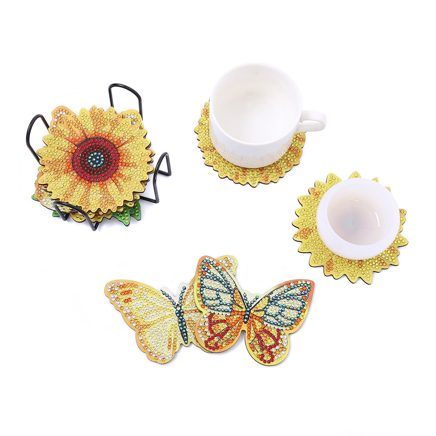 10 Pieces DIY Crystal Glitter Diamond Painted Wooden Art Coaster With Stand Sunflower Style