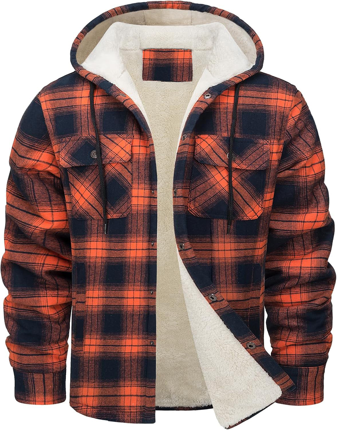 Men's Long Sleeve Hooded Fleece-lined Plaid Printed Coat