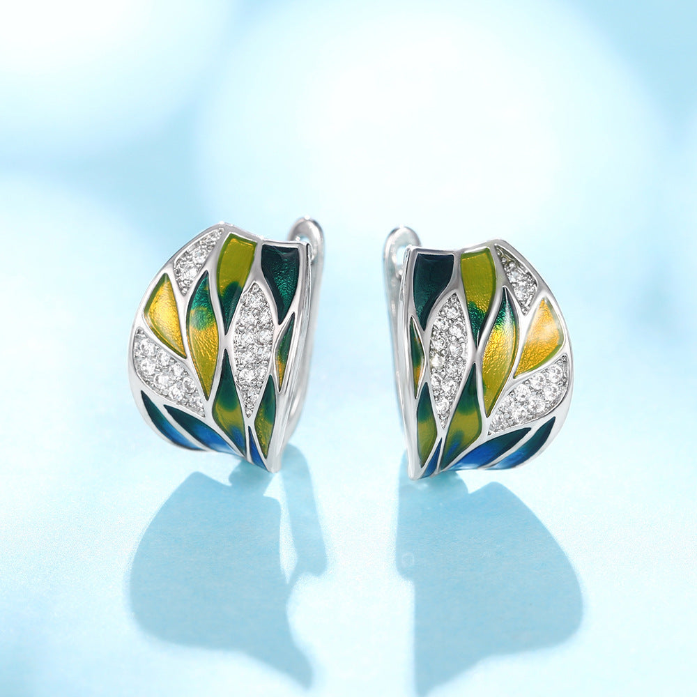 Pastoral Style Green Mori Style Enamel Zircon Earrings Elegant Ear Clip