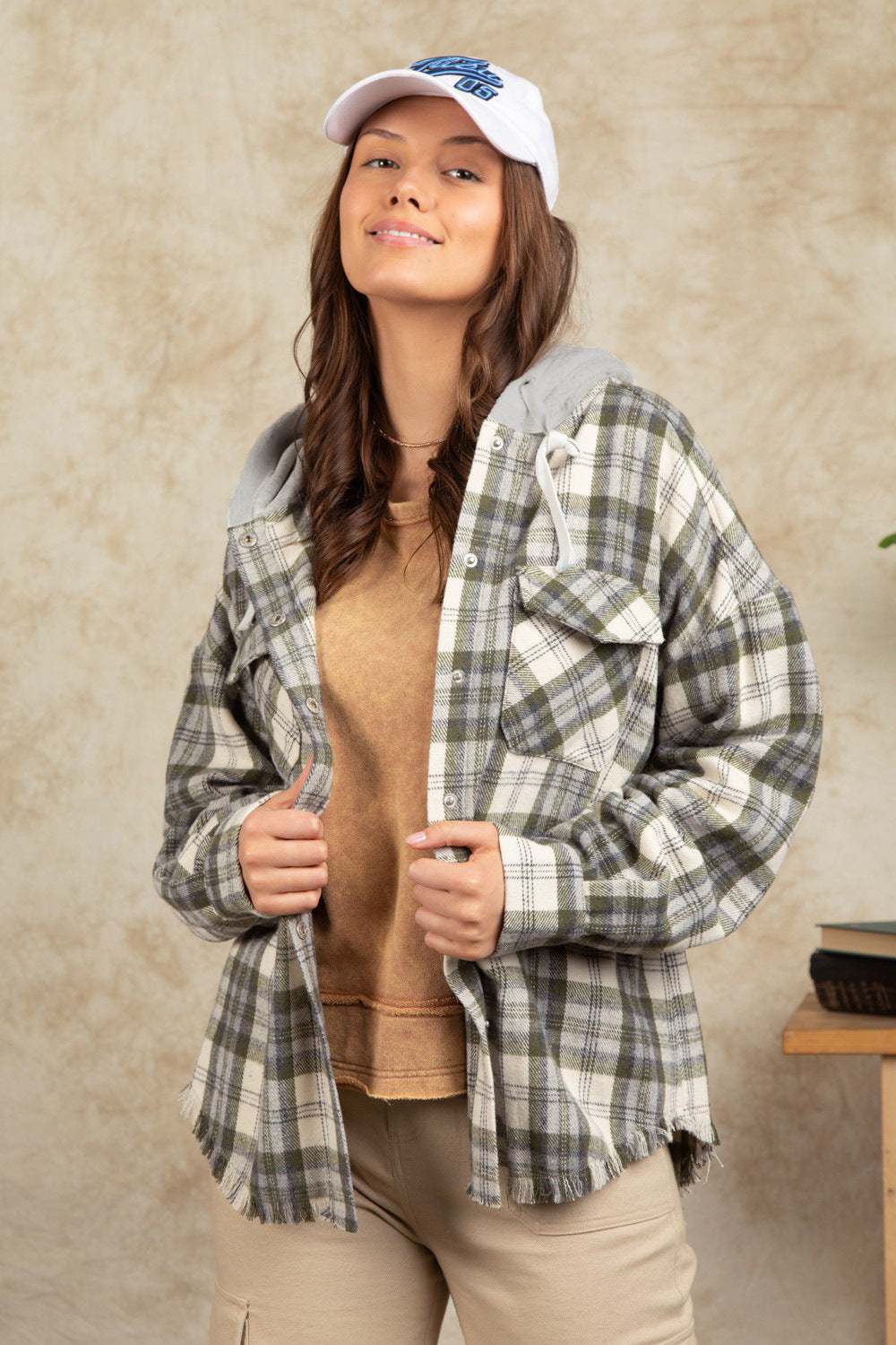 Fashion Hooded Large Pocket Plaid Shirt Coat