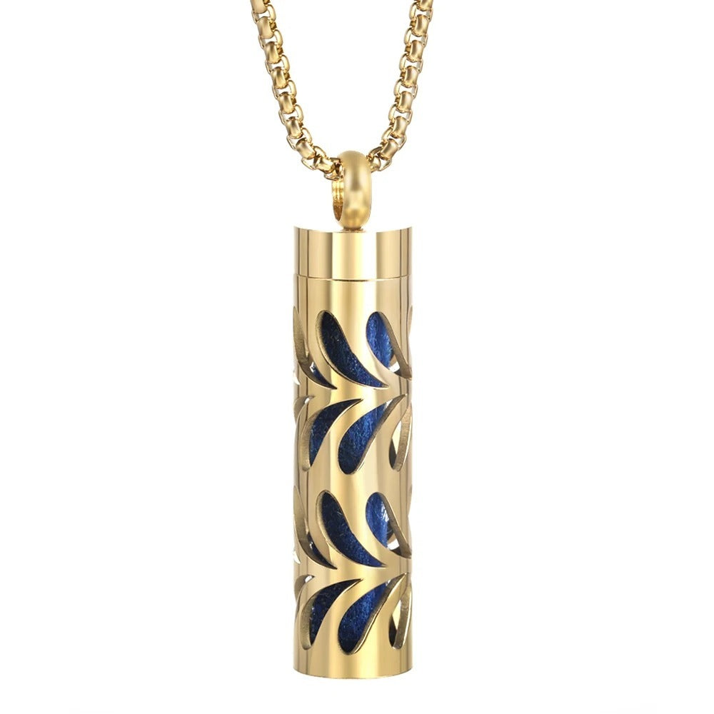 Gold Stainless Steel Cylindrical Hollow Pendant Aromatherapy Bottles