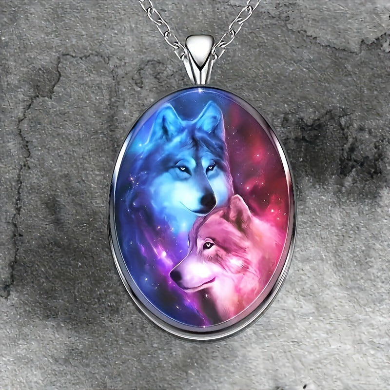 Creative Animal Wolf Head Oval Men's Alloy Glass Pendant Necklace