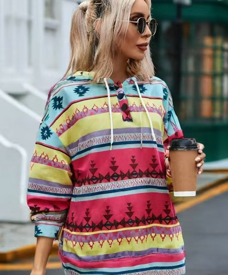 Geometric Pattern Long Sleeve Loose Hooded Button Pocket Sweatshirt