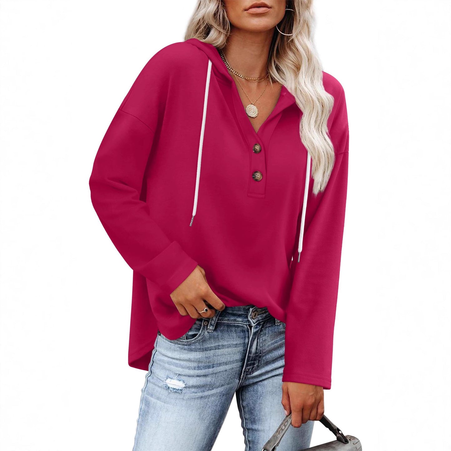 Women's Top V-neck Buttons Long-sleeved Sweater Shirt