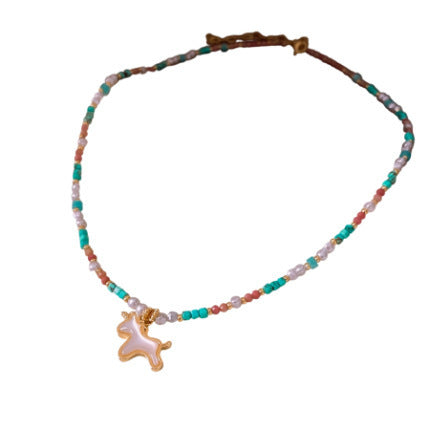 Colorful Stone Stringed Pearls Pendant Necklace All-match Necklace Clavicle Chain