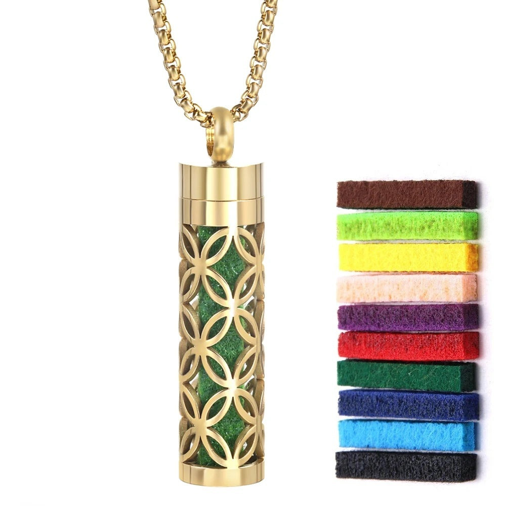 Gold Stainless Steel Cylindrical Hollow Pendant Aromatherapy Bottles
