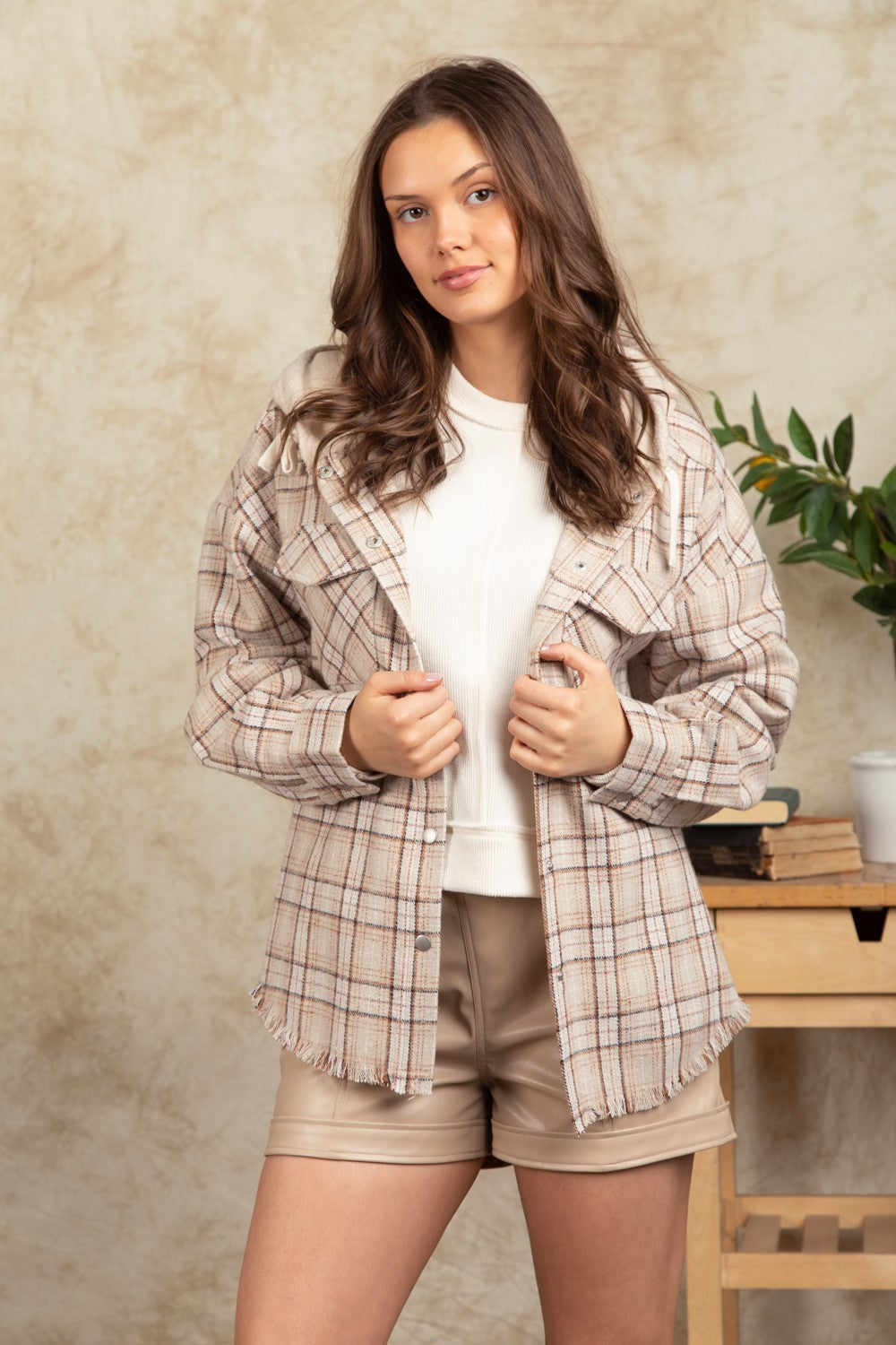 Fashion Hooded Large Pocket Plaid Shirt Coat