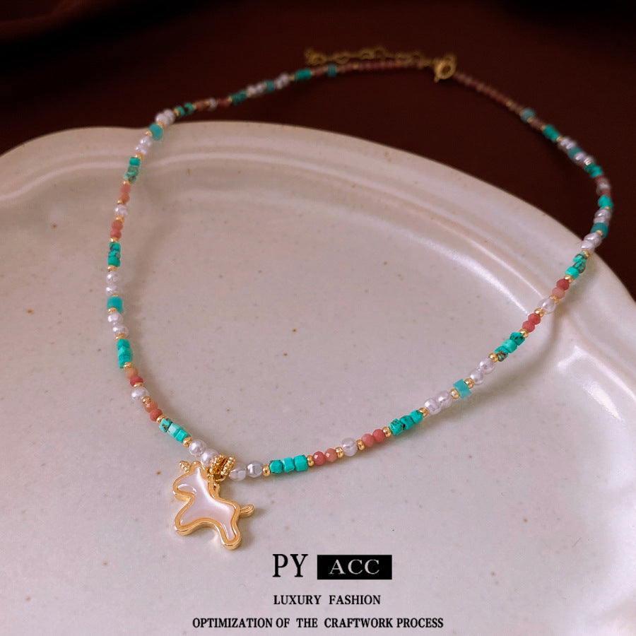 Colorful Stone Stringed Pearls Pendant Necklace All-match Necklace Clavicle Chain