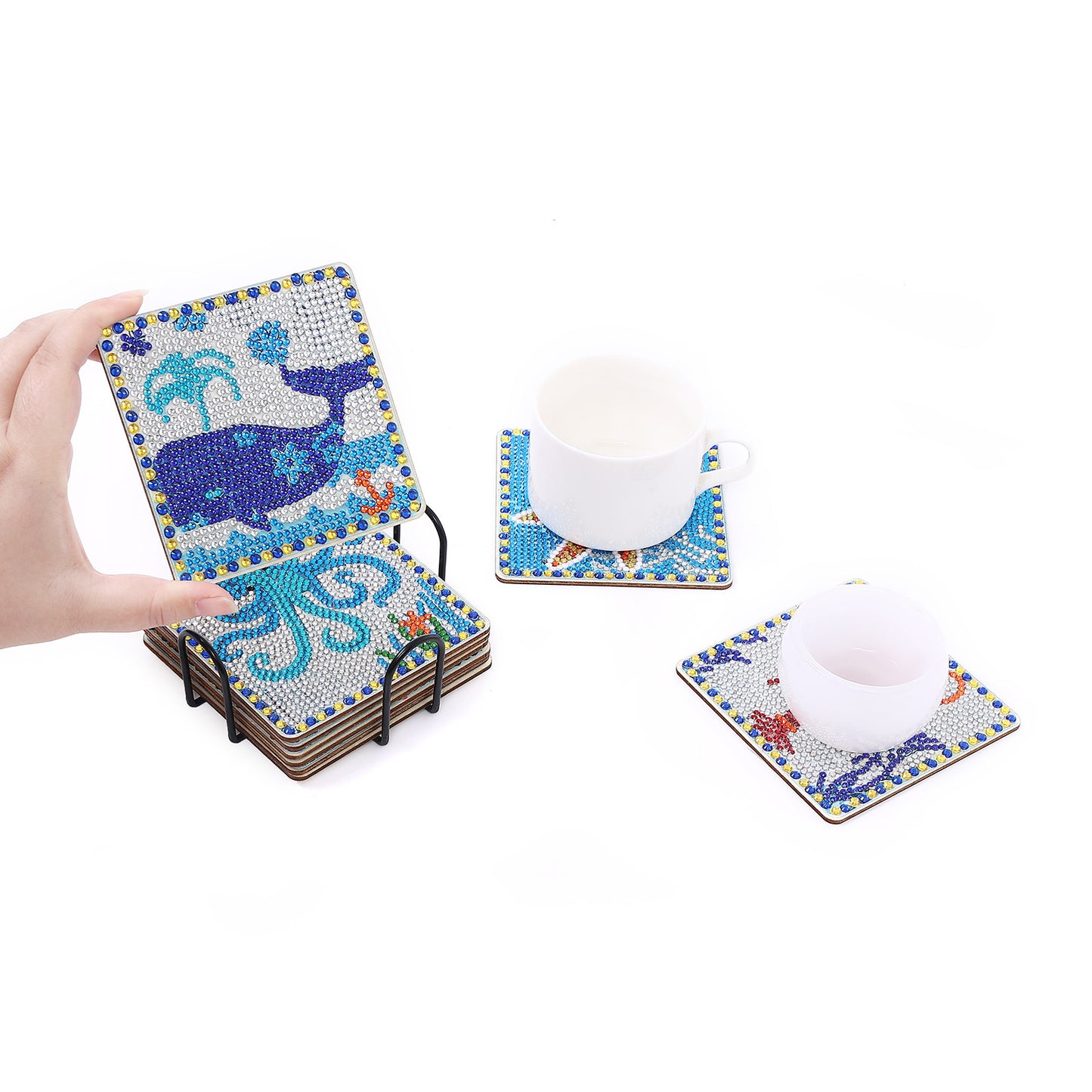 9 Pieces DIY Crystal Glitter Diamond Painted Wooden Art Coaster With Stand