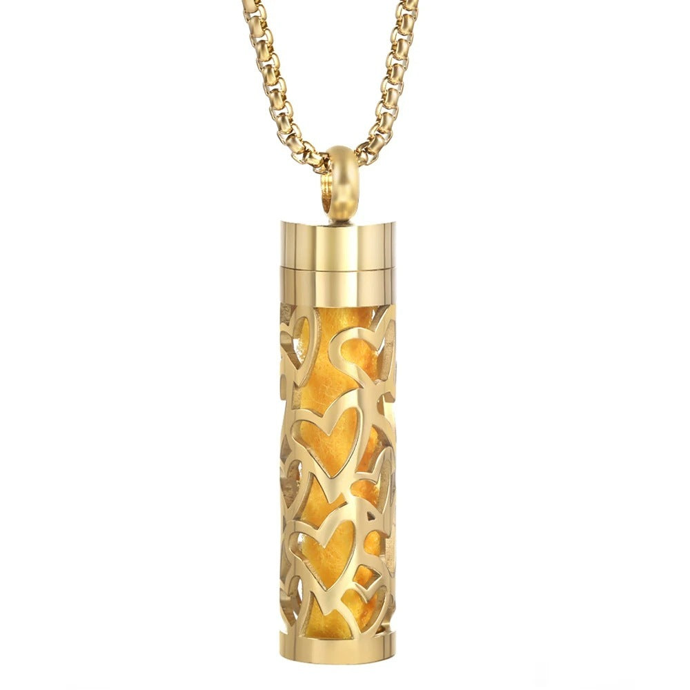 Gold Stainless Steel Cylindrical Hollow Pendant Aromatherapy Bottles