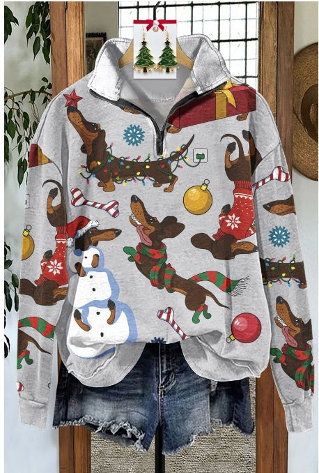 Autumn And Winter New Women's Retro Pattern Leisure Pullover Zipper Sweater