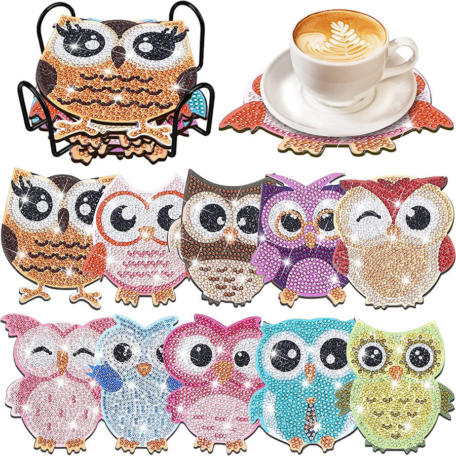 Diamond Painting Coaster Shape With Stand DIY Diamond Painted Art Craft Supplies Owl Pattern