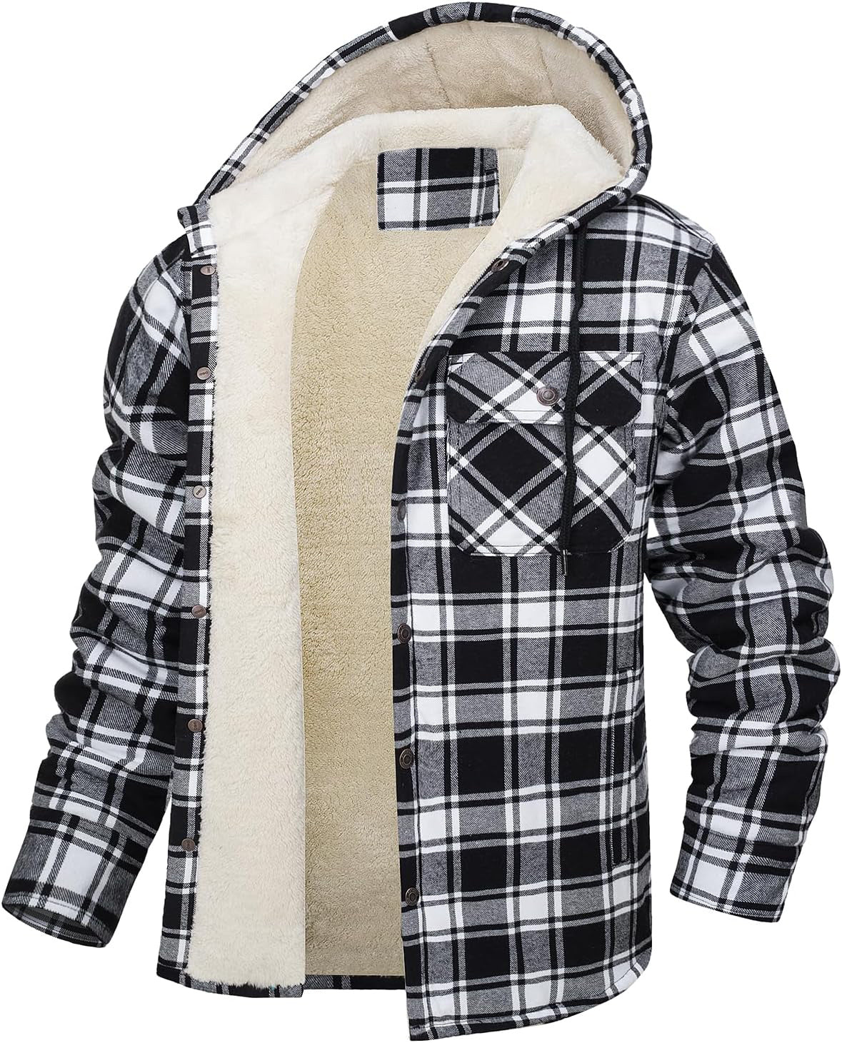 Men's Long Sleeve Hooded Fleece-lined Plaid Printed Coat