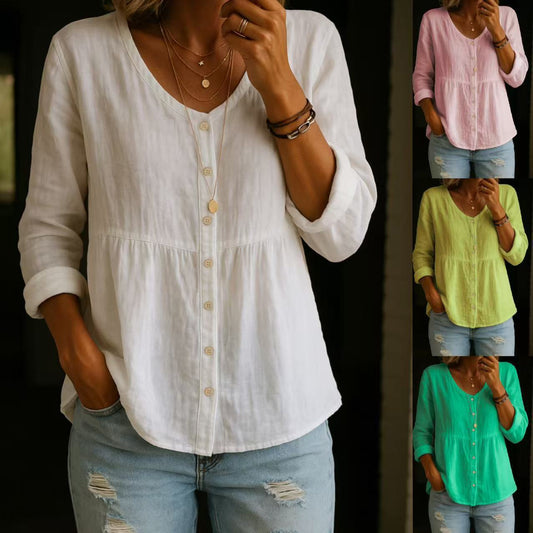 Casual Loose Fashion Cotton And Linen Long Sleeve V-neck Buttons Shirt