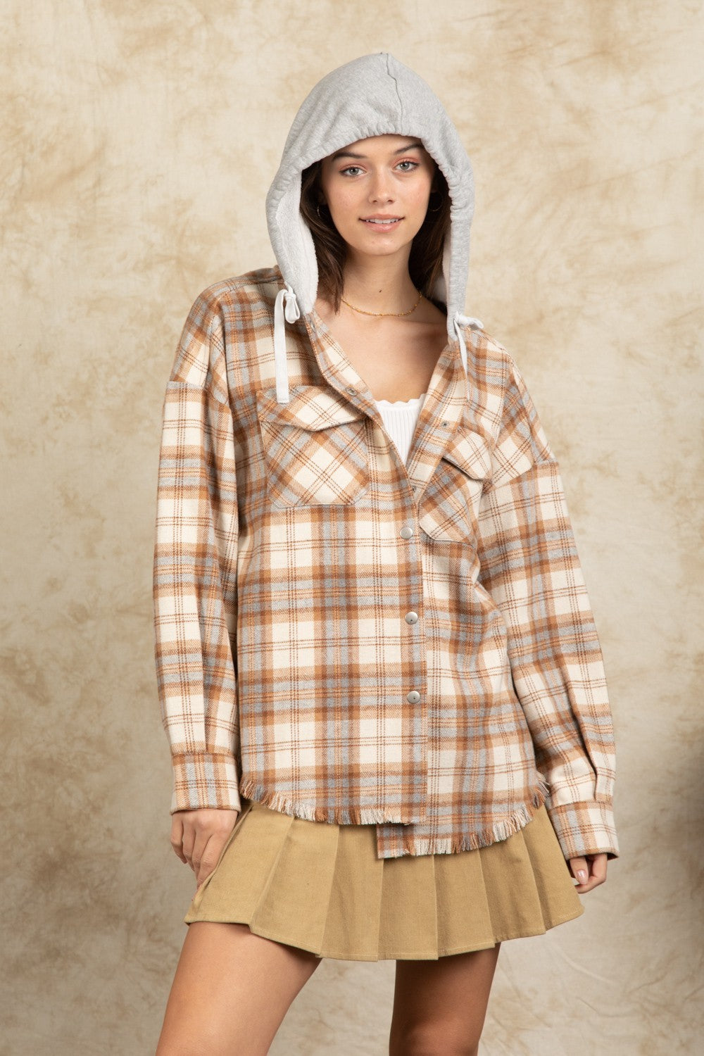 Fashion Hooded Large Pocket Plaid Shirt Coat