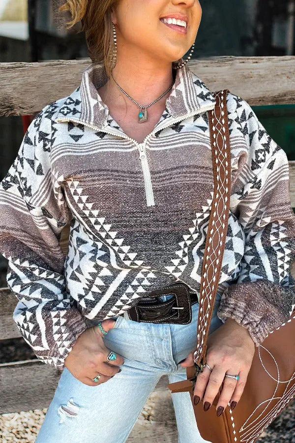 Autumn And Winter New Women's Retro Pattern Leisure Pullover Zipper Sweater