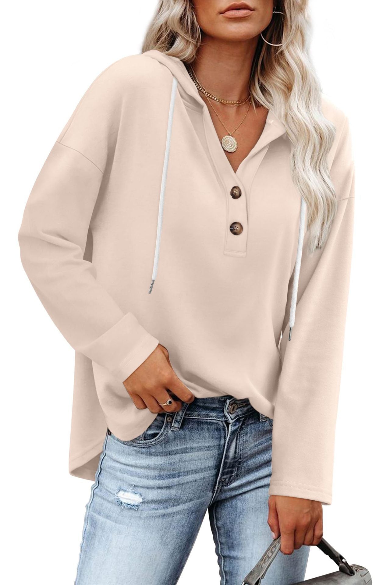Women's Top V-neck Buttons Long-sleeved Sweater Shirt