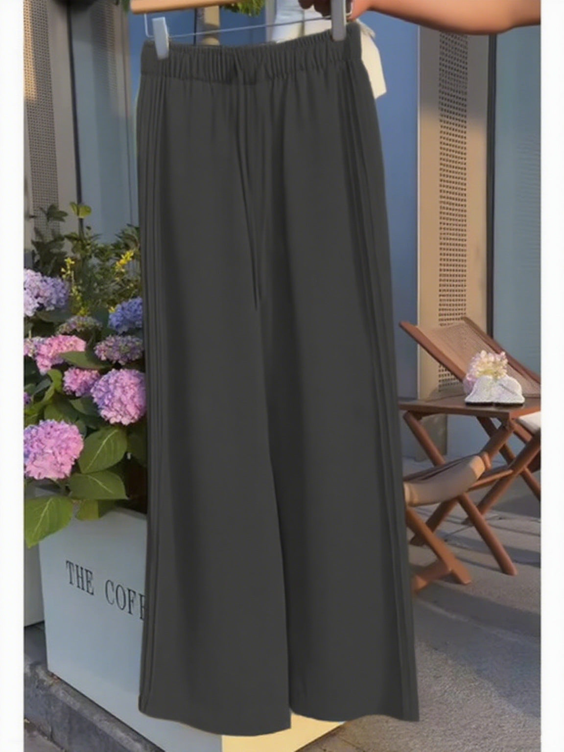 Ladies New Holiday Leisure Pure Color All-matching Drawstring Button Straight-leg Wide-leg Pants