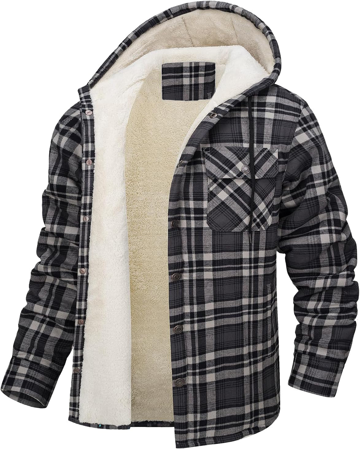 Men's Long Sleeve Hooded Fleece-lined Plaid Printed Coat