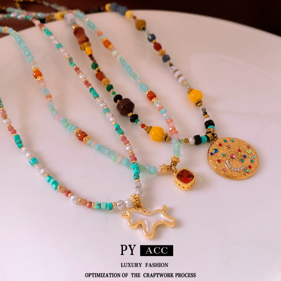 Colorful Stone Stringed Pearls Pendant Necklace All-match Necklace Clavicle Chain