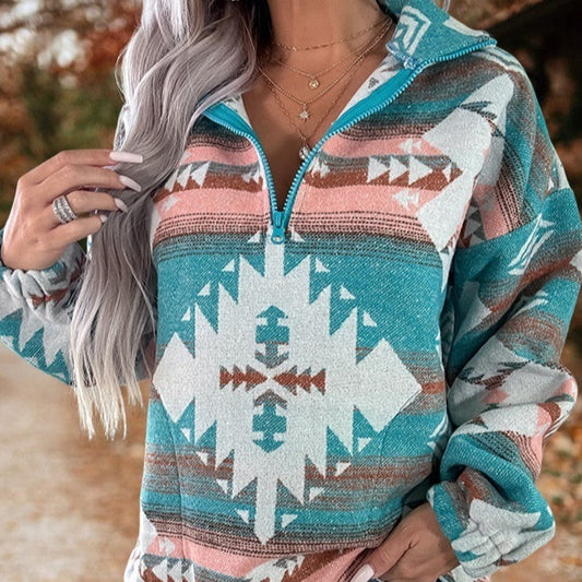 Autumn And Winter New Women's Retro Pattern Leisure Pullover Zipper Sweater