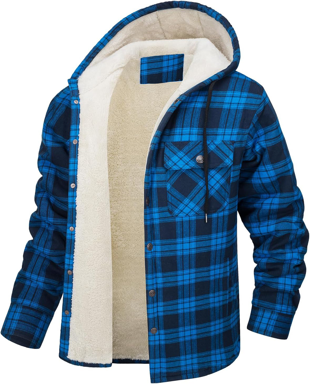 Men's Long Sleeve Hooded Fleece-lined Plaid Printed Coat