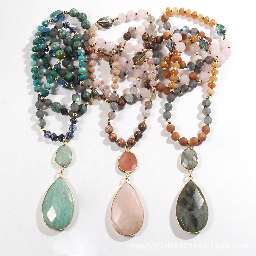 Women's Jewelry Glass Knotted Necklace Natural Stone Pendant Necklace Sweater Chain