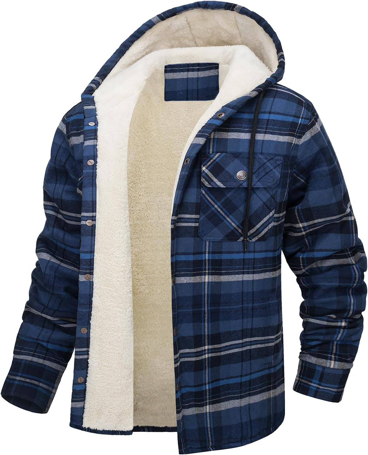 Men's Long Sleeve Hooded Fleece-lined Plaid Printed Coat