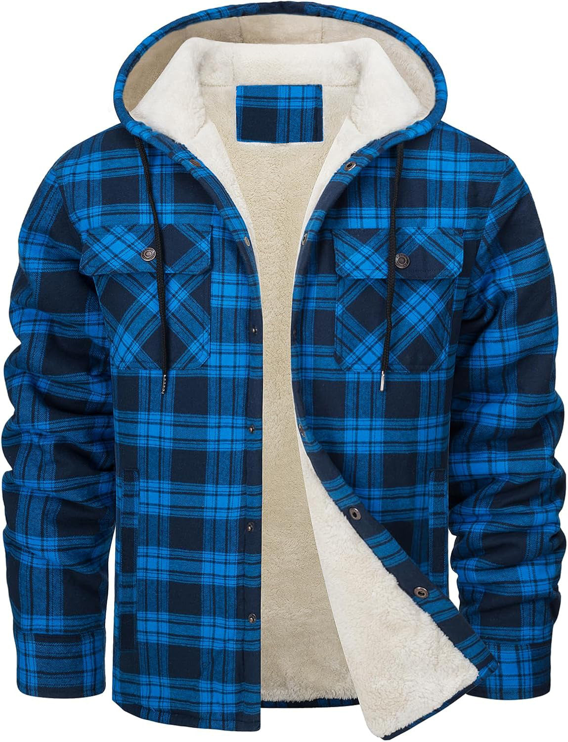 Men's Long Sleeve Hooded Fleece-lined Plaid Printed Coat