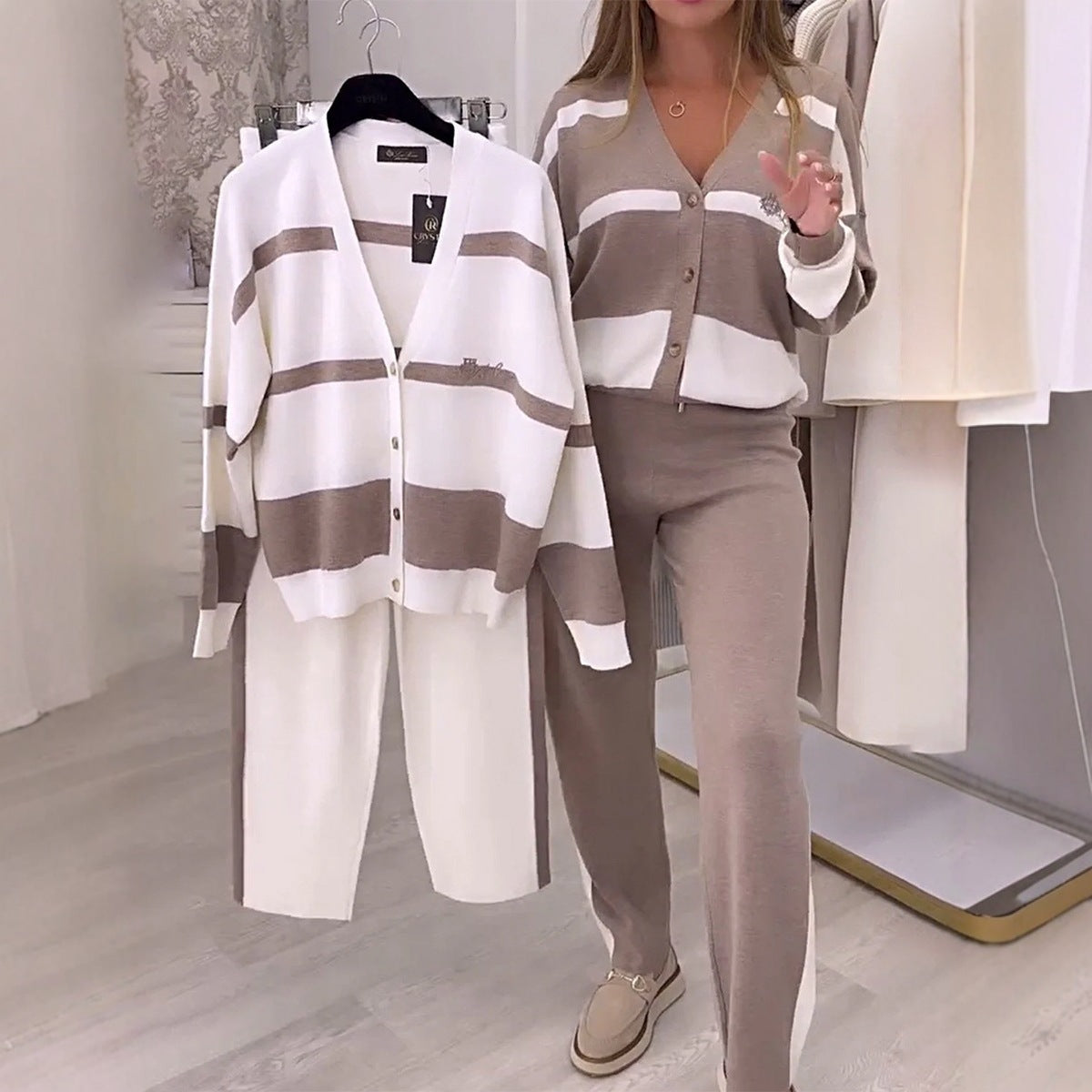 Commuter Striped Patchwork Top Trousers Women's Suit Two-piece Set