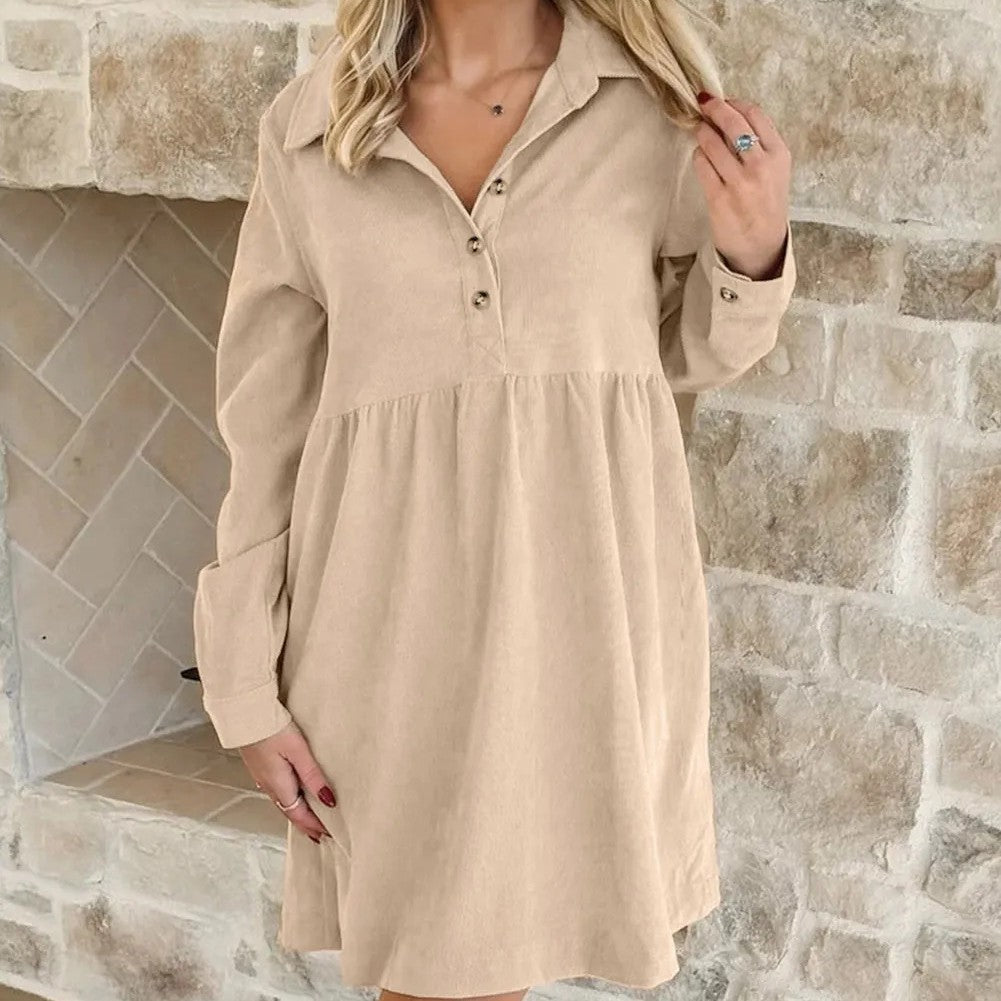 Oatmeal Corduroy Half Button Collared Long Sleeve Mini Dress