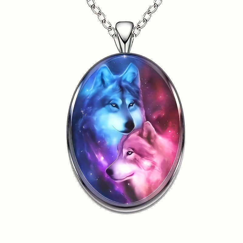 Creative Animal Wolf Head Oval Men's Alloy Glass Pendant Necklace