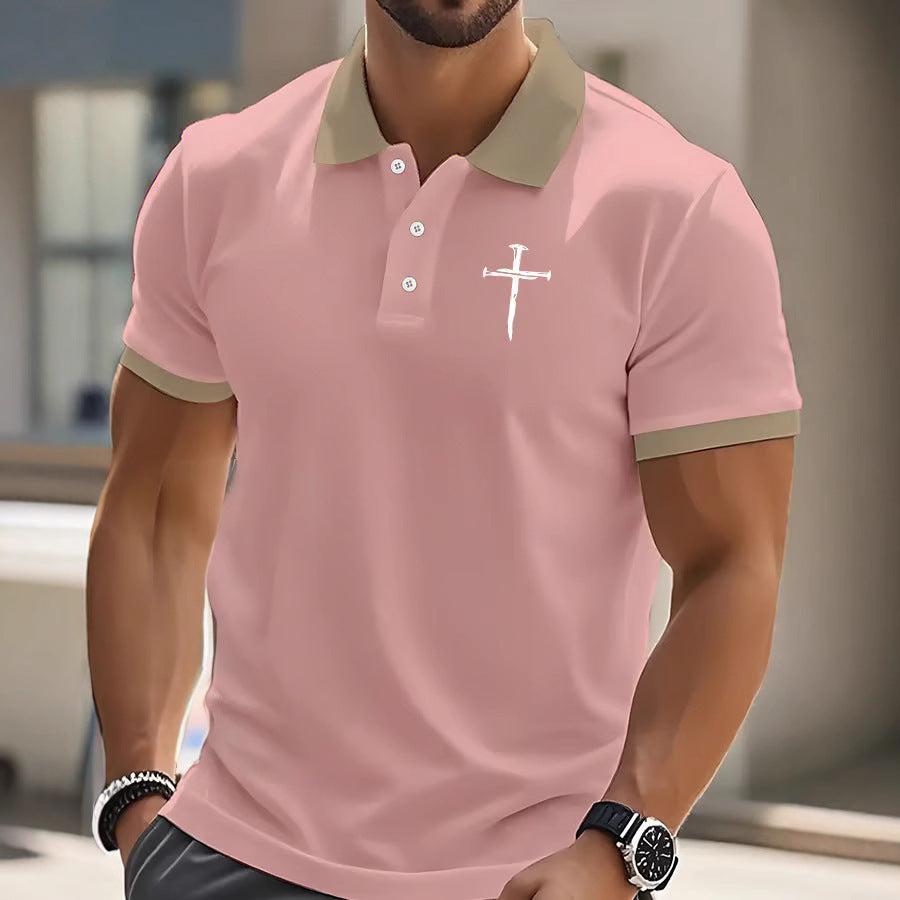Polyester Printed Solid Color Polo Shirt Short Sleeve Men