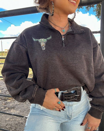 Autumn And Winter New Women's Retro Pattern Leisure Pullover Zipper Sweater