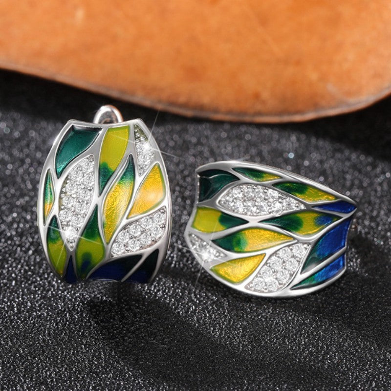 Pastoral Style Green Mori Style Enamel Zircon Earrings Elegant Ear Clip