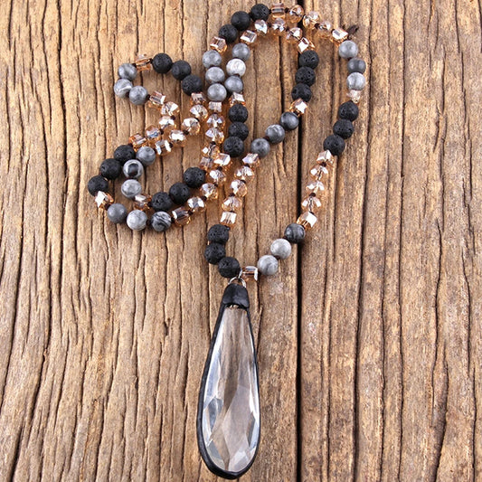 Glass Knotted Necklace Glass Water Drop Pendant Sweater Chain