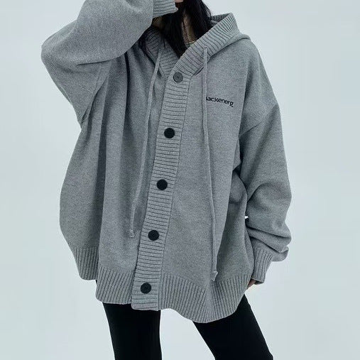 Plus Size Loose Hooded Drawstring Knitted Cardigan Sweater