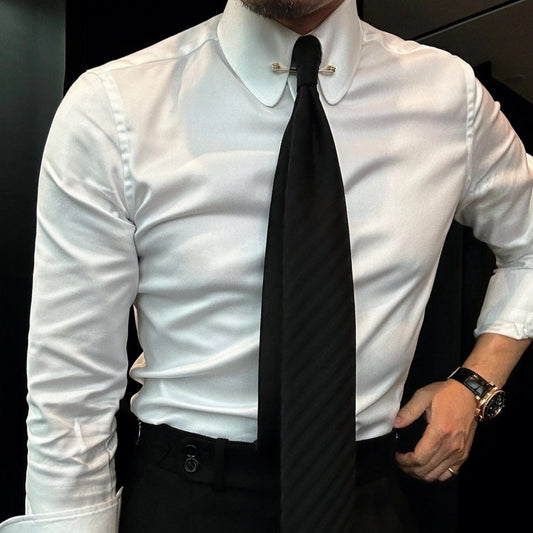 Men's Solid Color Long Sleeve Shirt Round Collar Top