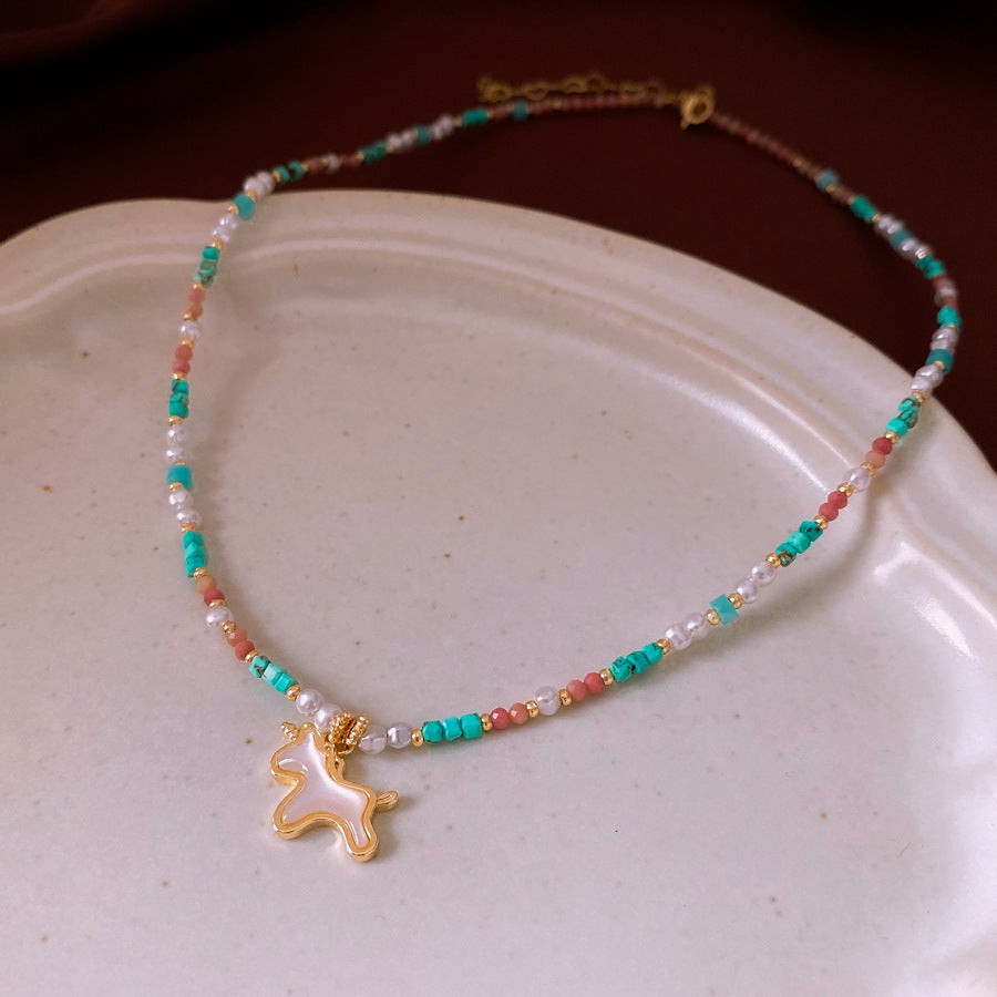 Colorful Stone Stringed Pearls Pendant Necklace All-match Necklace Clavicle Chain