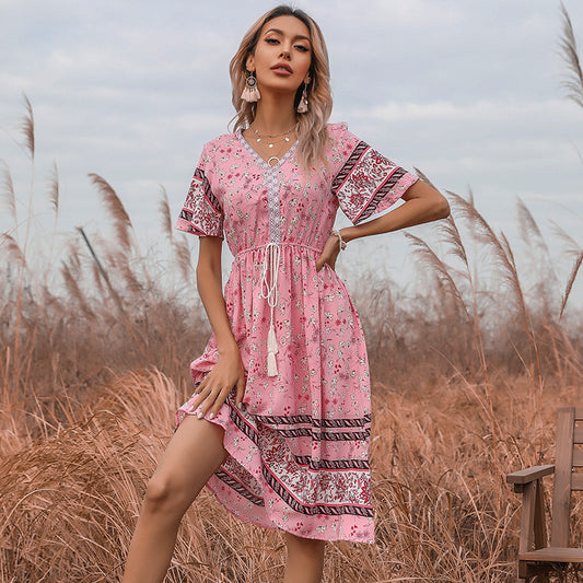 Floral Lace-Up Short Sleeve V-Neck Bohemian Dress