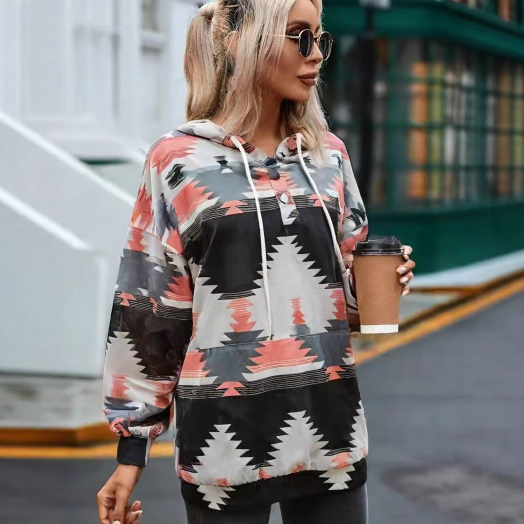 Geometric Pattern Long Sleeve Loose Hooded Button Pocket Sweatshirt