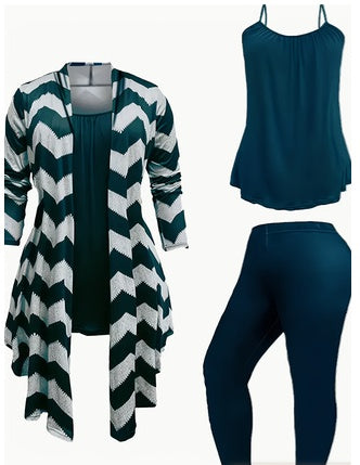 Women's 3 Suits, Printed Cardigan Jacket With Solid Color Casual Pants Vest Everyday Suit