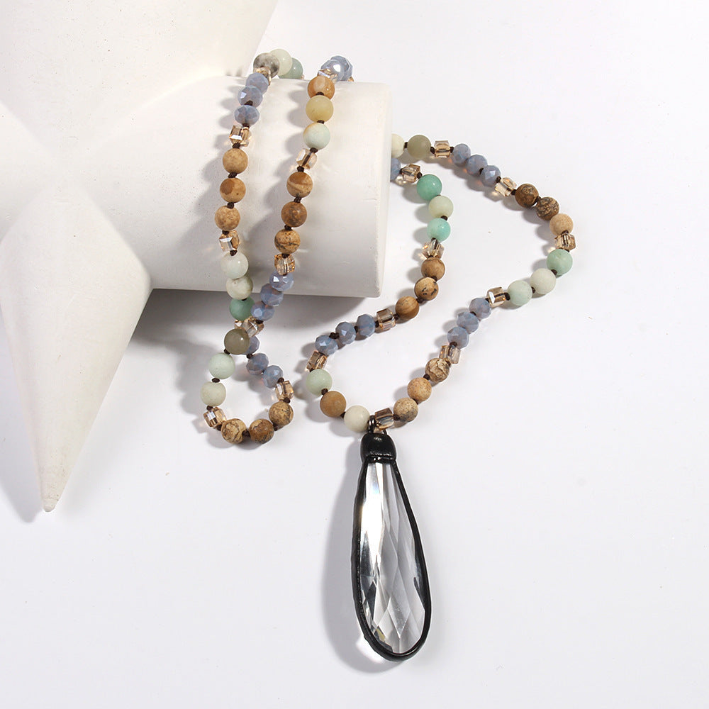 Glass Knotted Necklace Glass Water Drop Pendant Sweater Chain