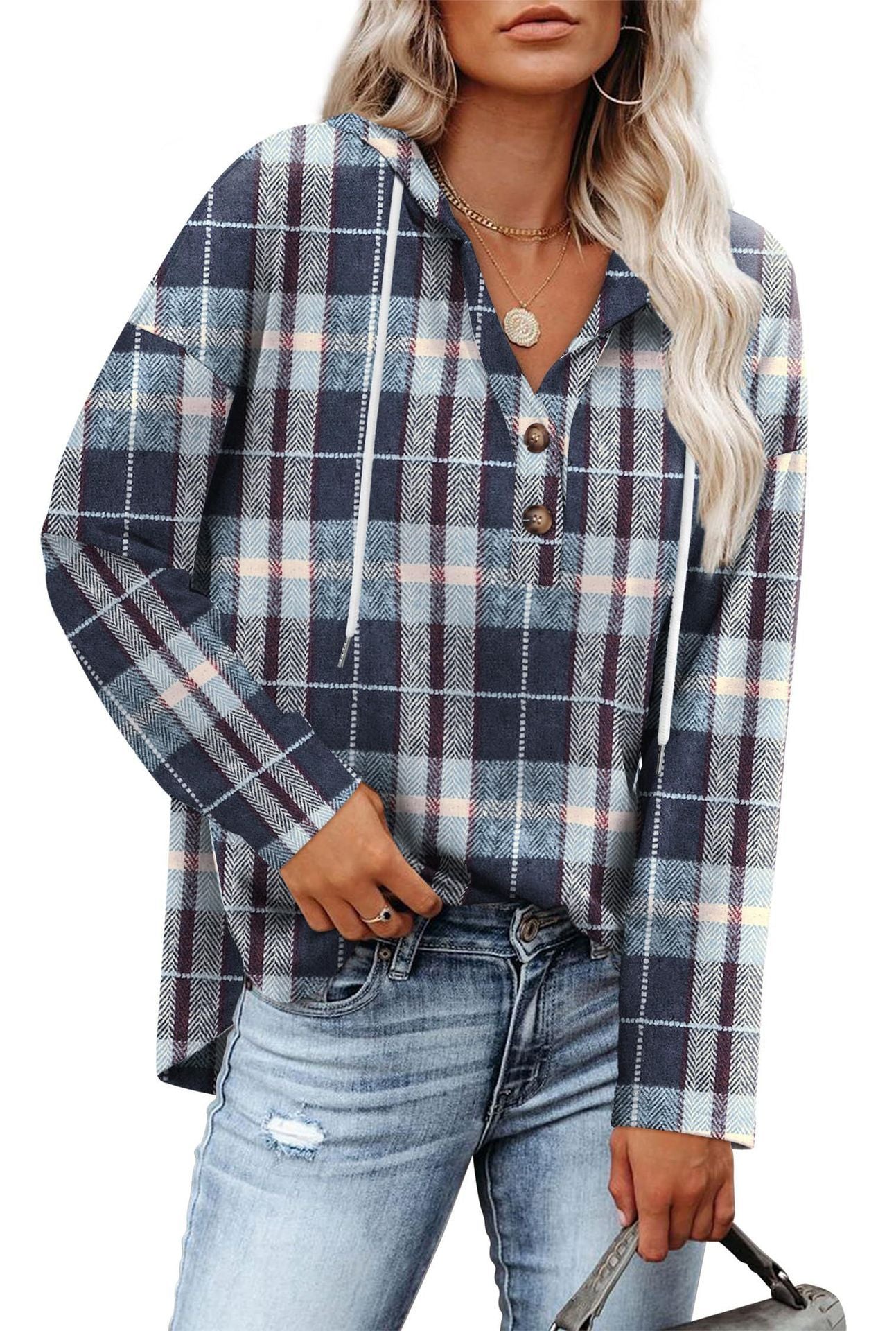 Women's Top V-neck Buttons Long-sleeved Sweater Shirt