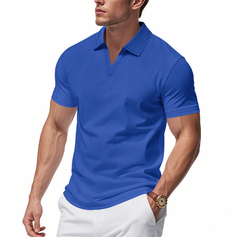 Summer Men's Loose Leisure Sports V-neck Waffle Short Sleeve Lapel Polo Shirt Men