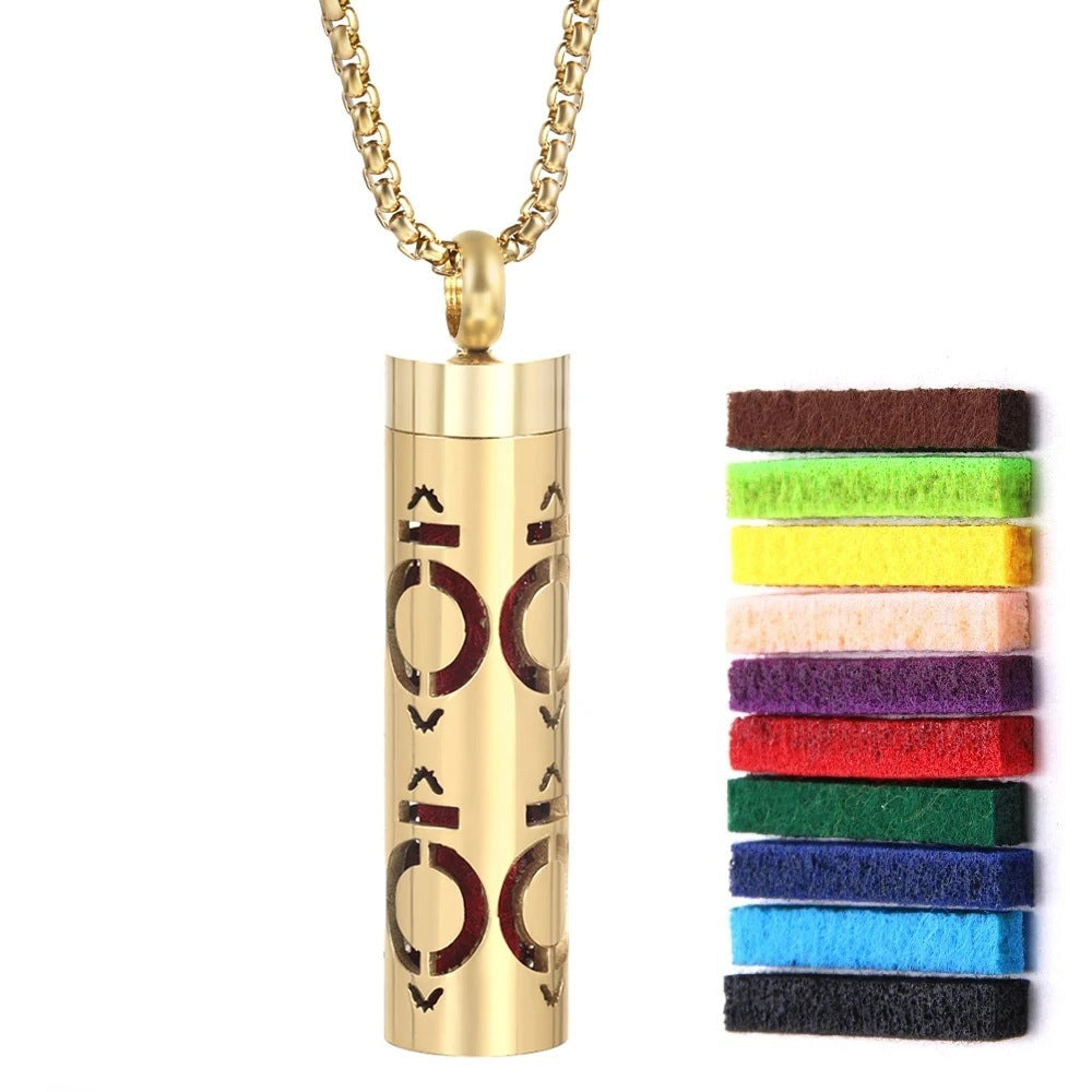 Gold Stainless Steel Cylindrical Hollow Pendant Aromatherapy Bottles