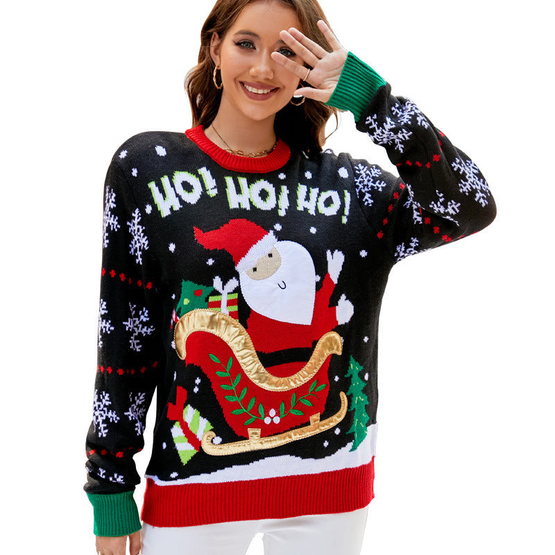 Santa Claus Embroidered Jacquard Knitted Sweater For Women