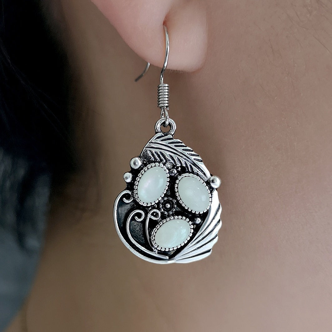 Opal Creative Leaf Feather And Shell Moonstone Earrings