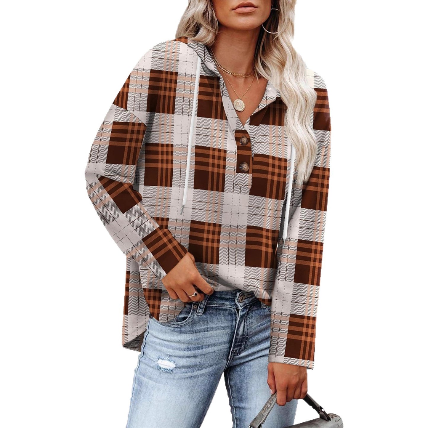 Women's Top V-neck Buttons Long-sleeved Sweater Shirt