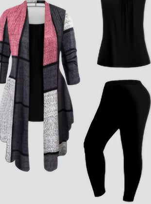 Women's 3 Suits, Printed Cardigan Jacket With Solid Color Casual Pants Vest Everyday Suit